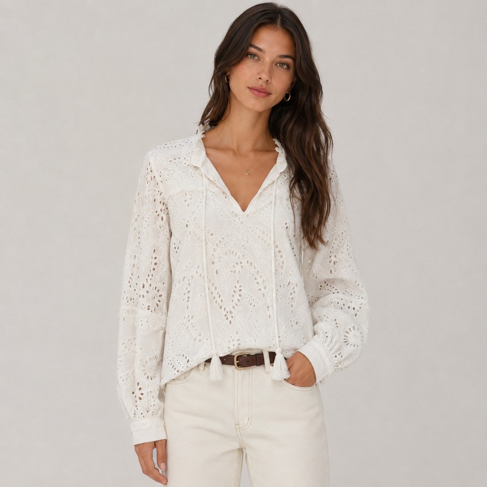 Kobi Halperin Eyelet Cotton Blouse NWT Womens‎ Small White Tassel Boho Lace Top